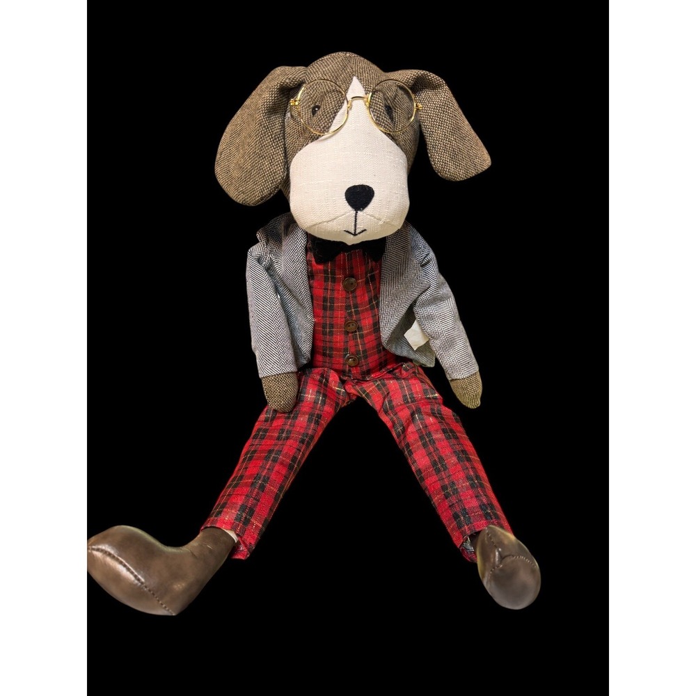 Elegant Intellectual Sitting Dog W/Glasses, Plaid Suit, Bow & Herringbone Jacket